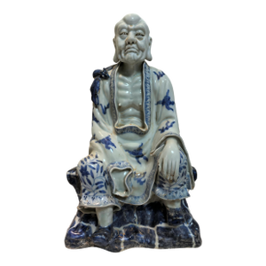 Chinese Vintage Ceramic Buddhist Sculpture,Hand Carved Blue and White Porcelain the Eighteen Arhats Statue