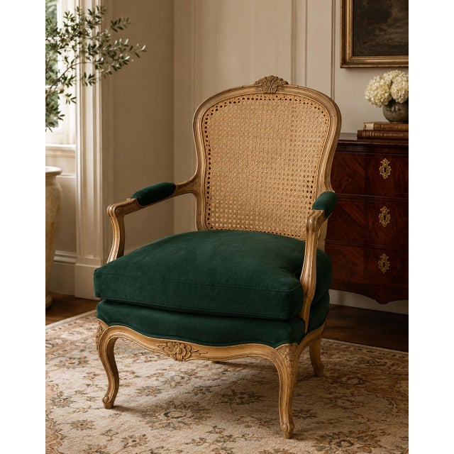 French Mid 20th Century French Louis XV Caned Bergère Armchair — Original Finish With Emerald Green Cushion Cover For Sale - Image 3 of 3