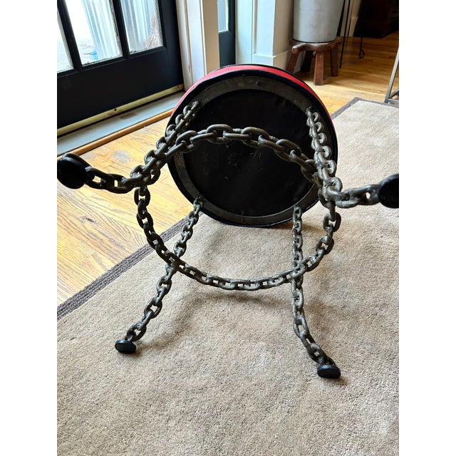 Vintage Industrial Brutalist Welded Iron Chain Stool With Red Vinyl Seat For Sale In New York - Image 6 of 6
