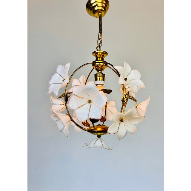 Vintage Murano Style White Floral Globe Chandelier - Brass Finish For Sale - Image 13 of 15