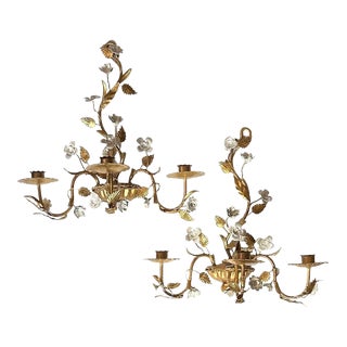 Vintage Italian Hollywood Regency Gilt / Gold Tole Floral Wall Candle Sconces, a Pair For Sale