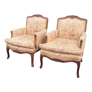 Vintage French Bennison Fabrics "Summer Rose" Floral Bergère Armchairs- Pair For Sale