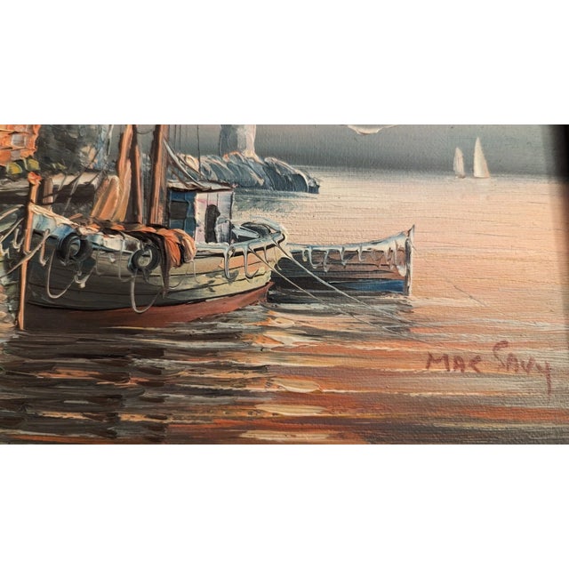 Vintage Original Oil Painting Harbor Scene With Lighthouse. Signed by Max Savy For Sale - Image 9 of 14