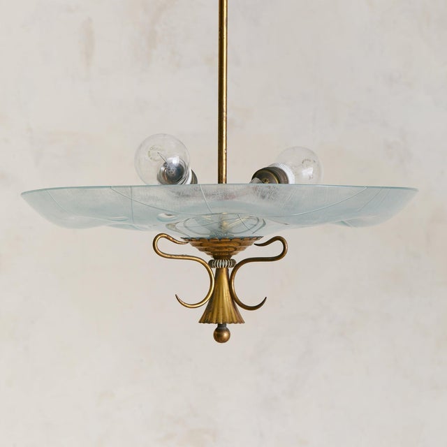 1950s Italian Brass + Etched Glass Pendant in the Manner of Pietro Chiesa For Sale - Image 4 of 9