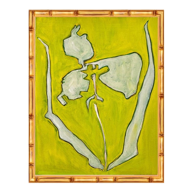 Original Framed Orchid Flower Painting, White Lime Wall Art, Oil on Canvas in Gold Bamboo by Tatiana Duperault For Sale