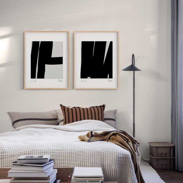 Set of 2 abstract open edition giclee prints. 20"x28" Elegant and bold black geometrical forms drawing on grey background....