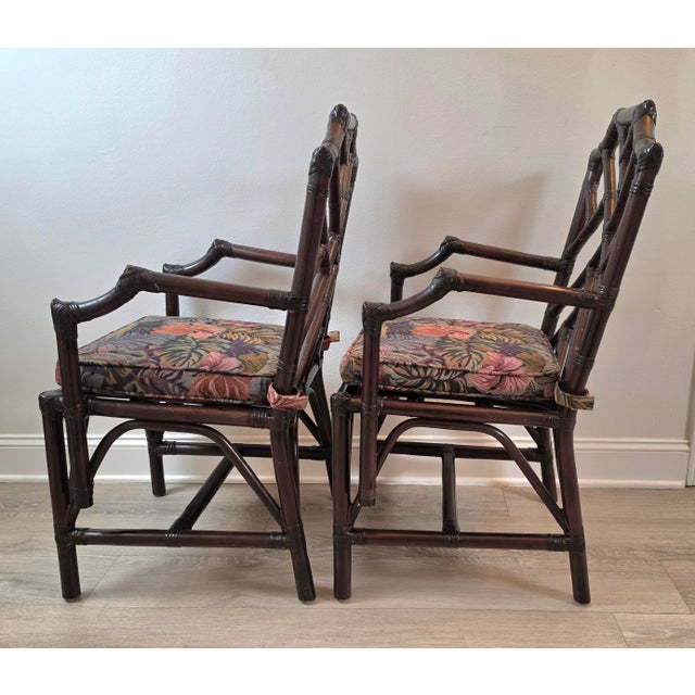 Chinoiserie Vintage Chinese Chippendale Organic Bamboo Dining Armchairs - A Pair For Sale - Image 3 of 16