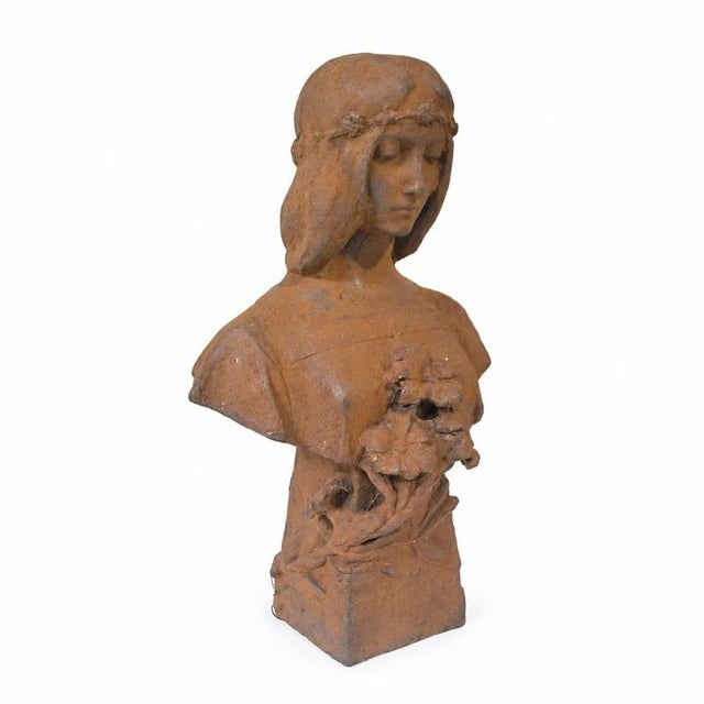 Art Noveau Artist, Female Bust with Flowers, Cast Iron For Sale - Image 4 of 9