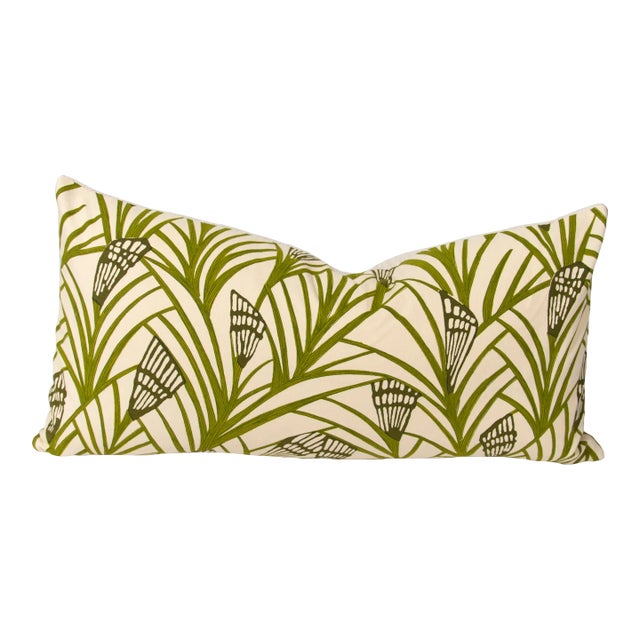 Contemporary Green Leaf + Cream Lumbar Pillow For Sale