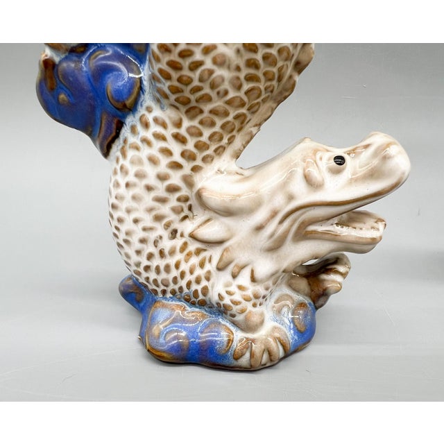Brown Pair of Vintage Ceramic Asian Style Dragons on Cobalt Blue Waves – Sculptural Figurines - Chinoiserie, Mid Century Modern Eclectic, Hollywood Regency For Sale - Image 8 of 13