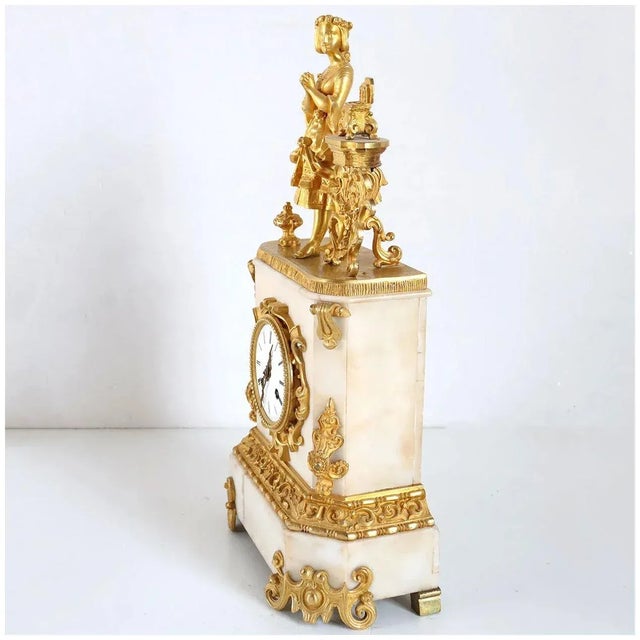 Metal 19th Century French Napoleon III Fire Gilt Bronze and Marble Figural Mantel Clock For Sale - Image 7 of 11