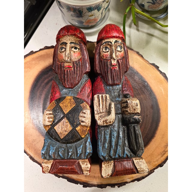 Mid 20th Century Pair of Hand Carved Wood Statues Folk Art Spanish Crusaders For Sale - Image 11 of 12