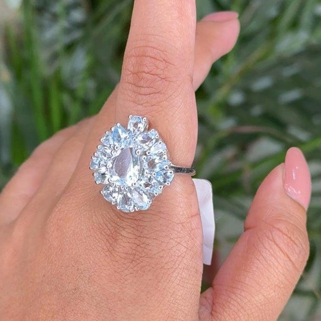 Gemstone Natural Aquamarine Big Floral Cocktail Ring Made in 925 Sterling Silver, Size 6.5 For Sale - Image 7 of 9