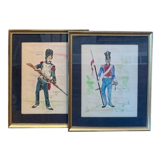 19th Century French and Polish Solider Portrait Watercolor Paintings in Gold Frame - a Pair For Sale
