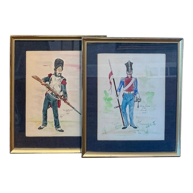 19th Century French and Polish Solider Portrait Watercolor Paintings in Gold Frame - a Pair For Sale