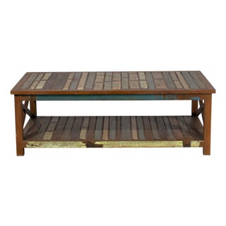 1970s Rustic Brown Reclaimed Teak Wood Coffee Table With X Base – 1 Piece For Sale