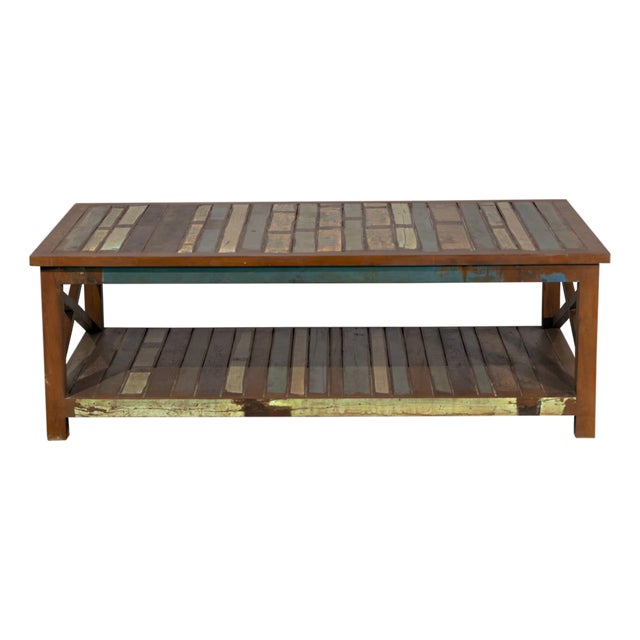 1970s Rustic Brown Reclaimed Teak Wood Coffee Table With X Base – 1 Piece For Sale