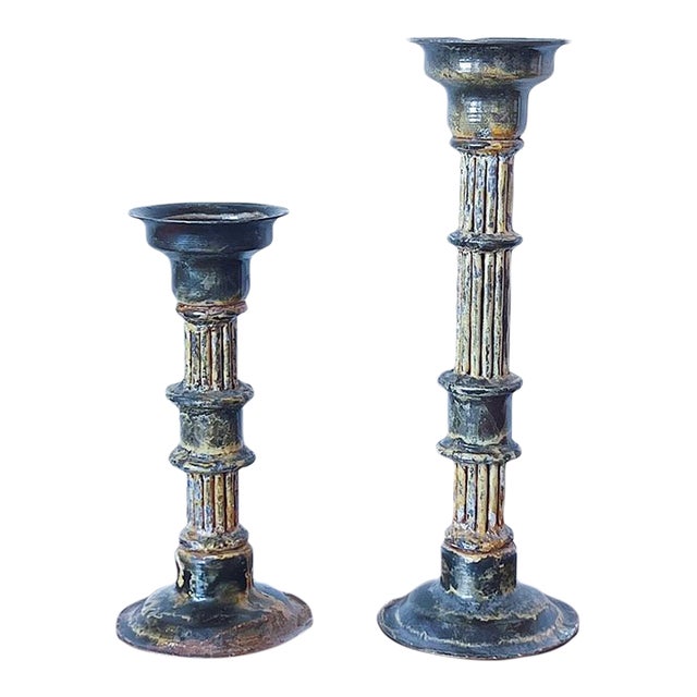 Mid-Century Pottery Candlesticks in Graduated Sizes, a Pair For Sale