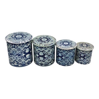 Vintage Blue and White Delft Metal Canisters For Sale