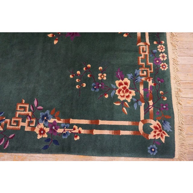 1920s Green Bamboo Floral Antique Chinese Art Deco Rug 4'2" X 7' Knotted Wool Carpet For Sale - Image 9 of 15