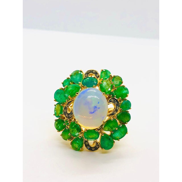 Baroque Bochic “Orient” Vintage Natural Opal & Emerald Ring Set In 18K & Silver For Sale - Image 3 of 10