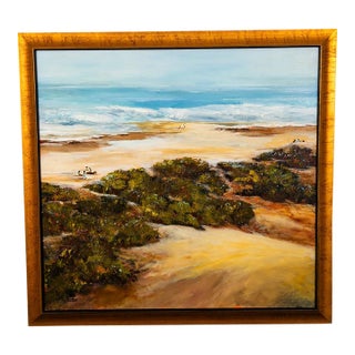 Mid Century Modern Original Landscape Beach Green Blue Tan Water Ocean 43x46 MCM For Sale