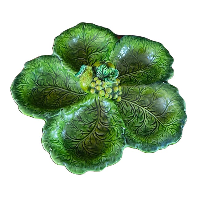 1960s Inarco E2603 Green Majolica-Style Fruit and Leaf Divided Serving Platter For Sale