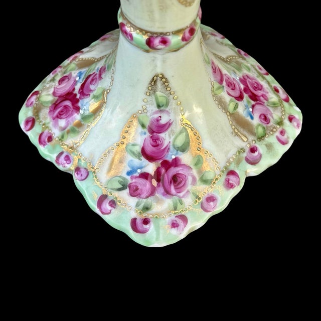 Antique Hand Painted Porcelain Candlestick Pink Roses Gold Gilt For Sale In San Diego - Image 6 of 7