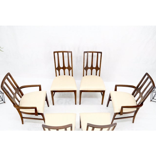Set of 6 mid-century American Modern new linen oatmeal upholstery walnut dining chairs mint!