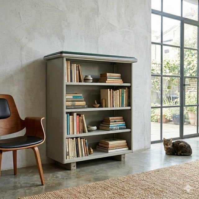 Bookcase with adjustable shelves, enamelled metal, top covered in skai and transparent glass on top. In good condition....