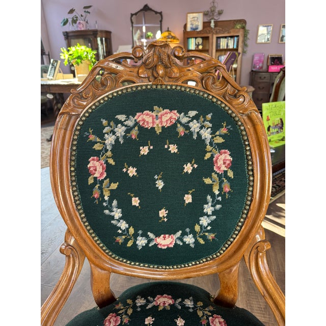 Mid 20th Century Pair of Needlepoint Upholstered Victorian Renaissance Revival Parlor Chairs. For Sale - Image 4 of 8