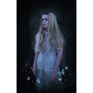 Luminous by Sara Scribner | Oil on Aluminum Portrait of a woman with butterflies in a dark setting For Sale