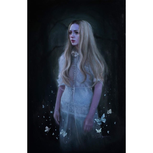Luminous by Sara Scribner | Oil on Aluminum Portrait of a woman with butterflies in a dark setting For Sale