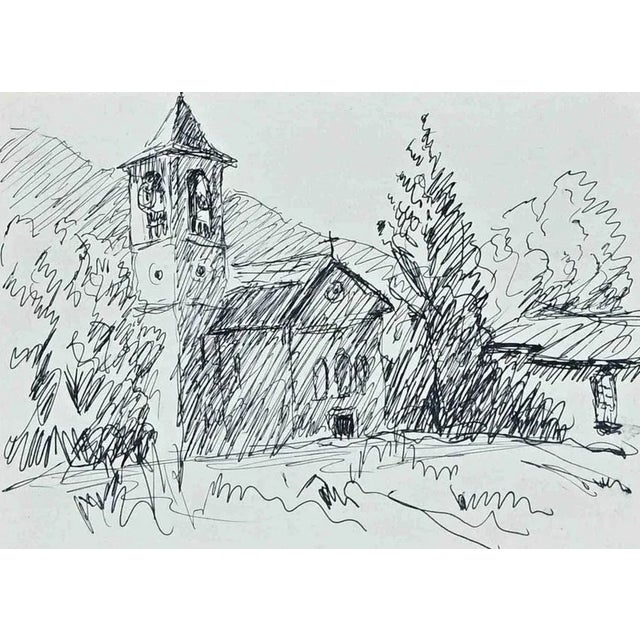 Modern Robert Fontene, The Church, Original Pen Drawing, Mid-20th Century For Sale - Image 3 of 3