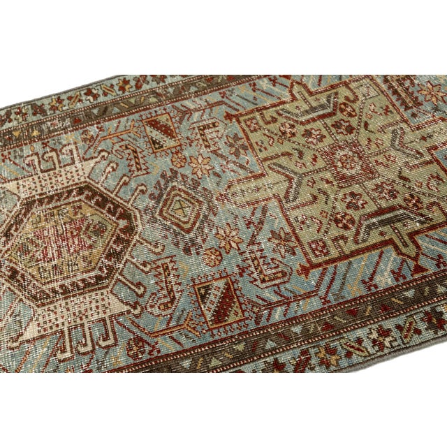 1920s Antique Heriz Serapi Runner Rug, Muted Blue and Sage Wool Corridor Rug For Sale - Image 5 of 9