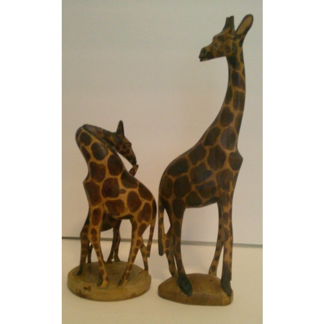 1960s Vintage Hand-Carved Wood Giraffes 12" Dad & 8" Mom/Calf African Safari Folk Art For Sale - Image 5 of 7