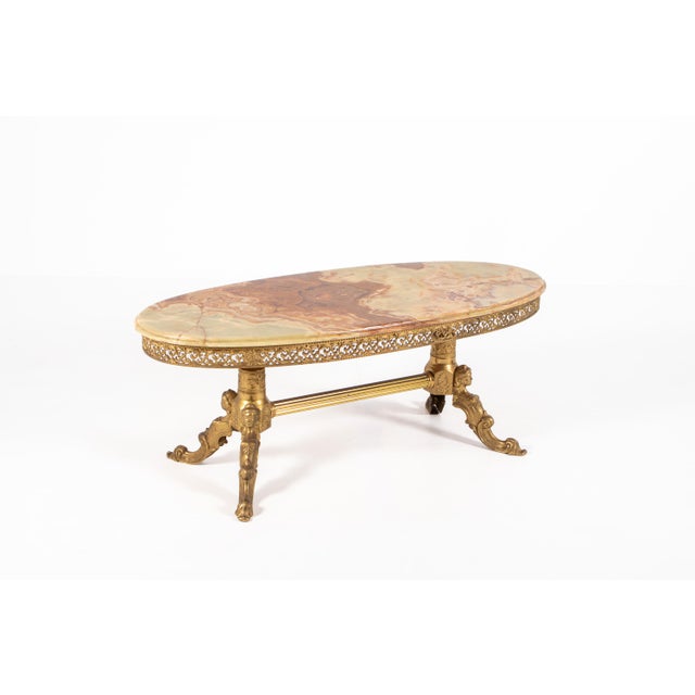 Vintage Hollywood Regency Oval Onyx Coffee Table with Gilt Brass Base, France, 1960s For Sale - Image 16 of 16