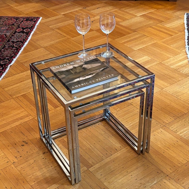 Milo Baughman Mid-20th Century Milo Baughman-Style Chrome Nesting Tables -- A Set For Sale - Image 4 of 17