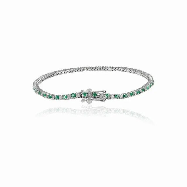 Solid 18k White Gold Natural Round-Cut Emerald and Diamond Line Bracelet For Sale In New York - Image 6 of 9