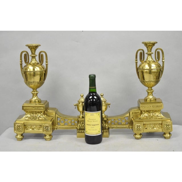 Vintage French Empire Style Gold Brass Ornate Urn Form Fireplace Chenet Andirons - a Pair. Circa Mid 20th Century....