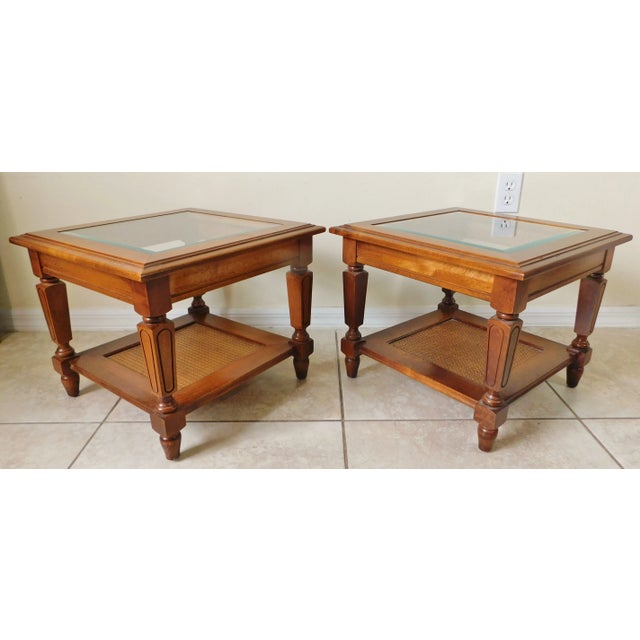 1980s Pair Small Low Vintage Square Solid Wood Cane & Beveled Glass Side/End Accent Tables For Sale - Image 5 of 12