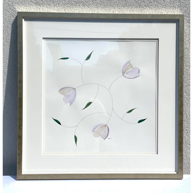 Pink "Blossoms" Contemporary Original Watercolor Painting on Paper, Framed For Sale - Image 8 of 8