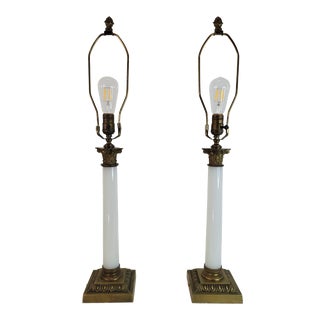 Pair Vintage Opaline Glass & Brass Neoclassical Column Table Lamps For Sale