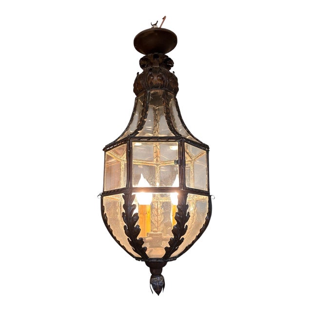 Antique Lantern-Shaped Ceiling Fixture With Three Arm Light Source Within For Sale