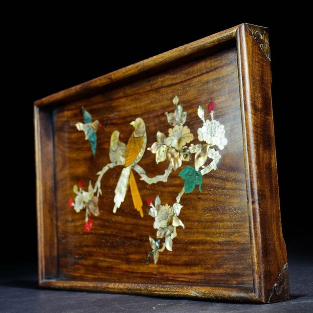Brown Vintage Huanghuali Wood Tray With Mother-of-Pearl Bird & Flower Inlay For Sale - Image 8 of 9