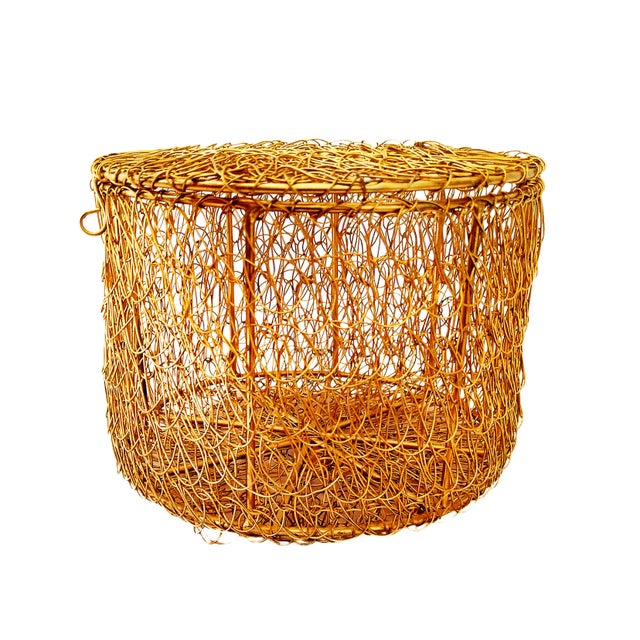 Contemporary Vintage Metal Wire Mesh Round Storage Box With Lid For Sale - Image 3 of 3