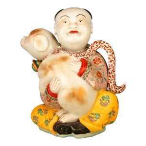 19th Century/Qing Dinasty Hand-Painted Glazed Porcelain Sitting Man With Scarf and Dog Figurine