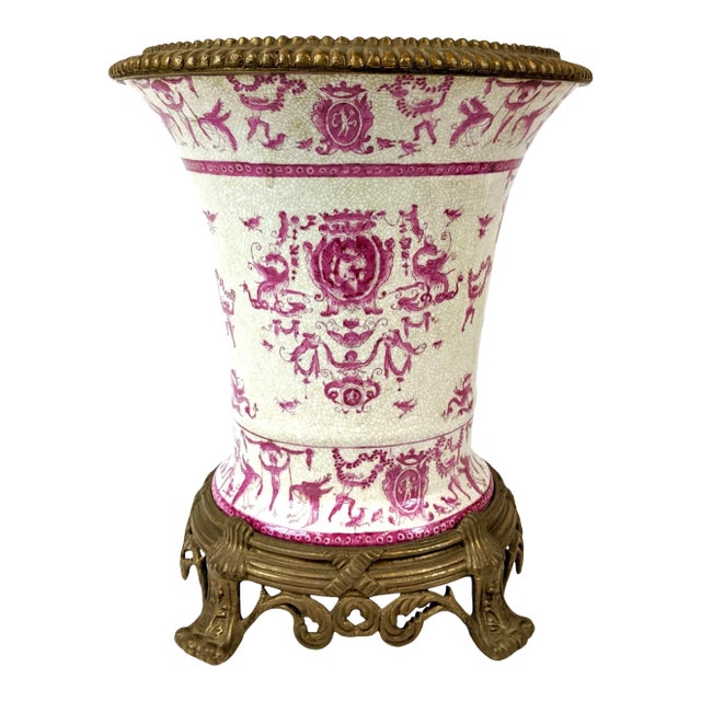 Late 20th C Handpainted Porcelain Planter With Brass Stand For Sale