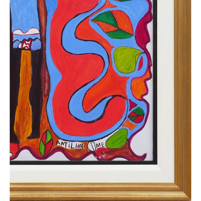 Richard Antilhomme Red & Blue Abstract Figurative Painting with Four Figures and Botanical Elements, Late 20th Century For Sale - Image 9 of 12