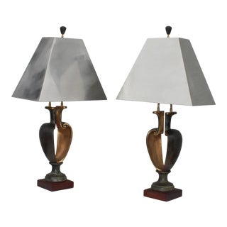 1980s Signed Brutalist Bronze Table Lamps - A Pair For Sale